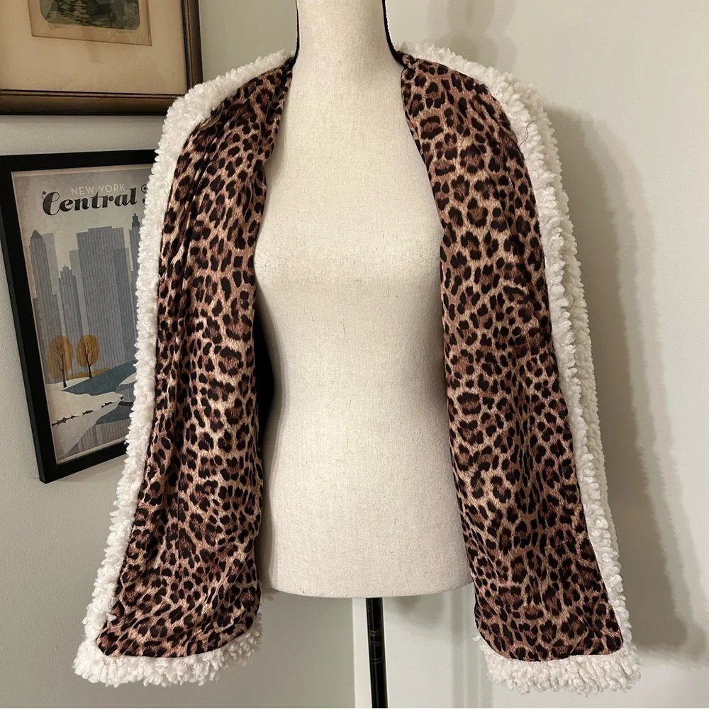 Band of Gypsies Cream and Leopard Open Front Teddy Sherpa Jacket SZ S